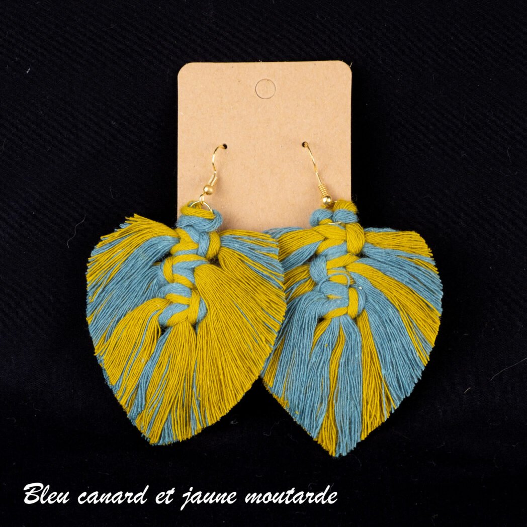 Boucles d'oreilles macramé bleu et jaune
