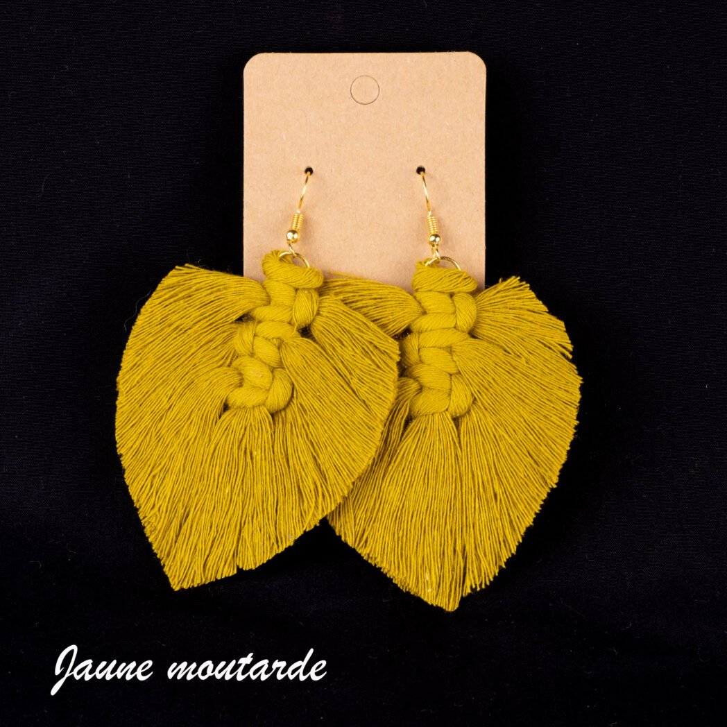 grandes boucles d'oreilles macramé jaune moutarde