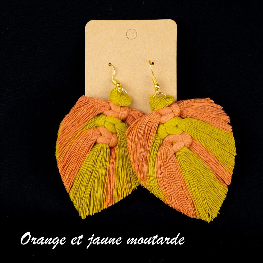 grandes boucles d'oreilles macramé orange et jaune