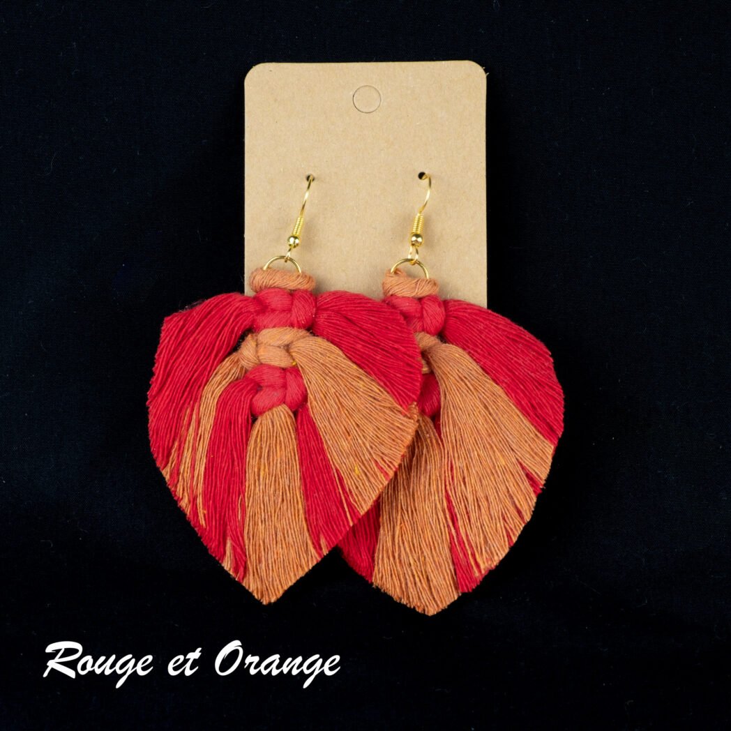 grandes boucles d'oreilles macramé rouge et orange