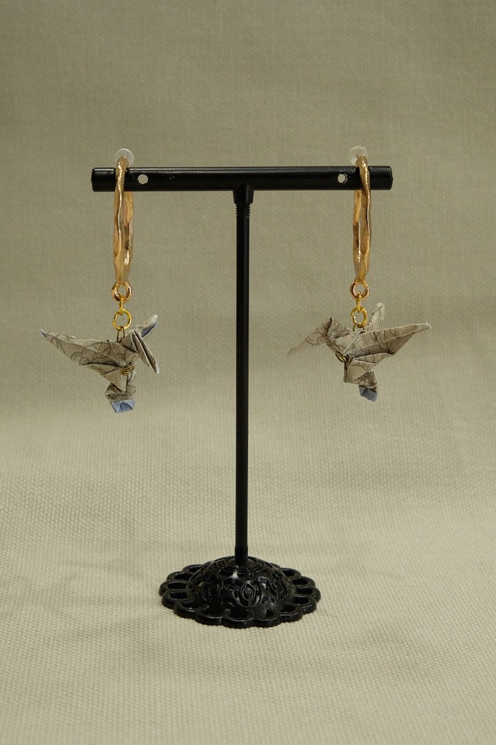 Boucles d'oreilles origami en forme de colibris couleur vert gris