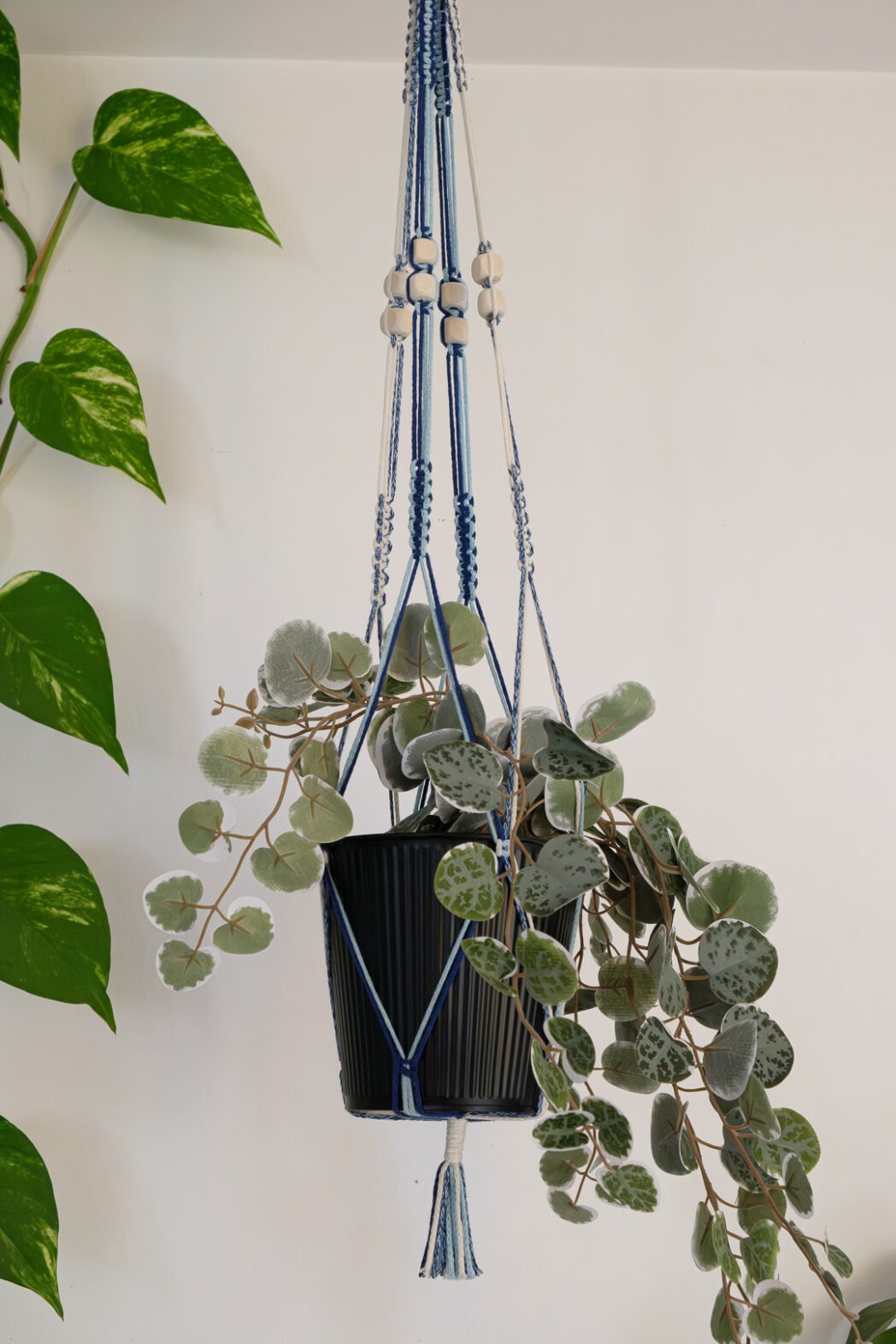 Suspension pour plantes en macramé, de couleur bleu et beige