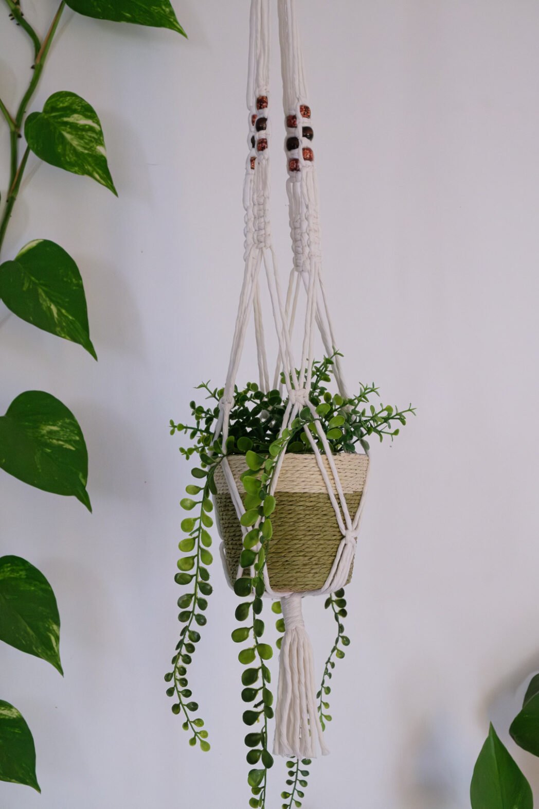 Suspension pour plantes en macramé, fil gros diamètre de couleur blanche