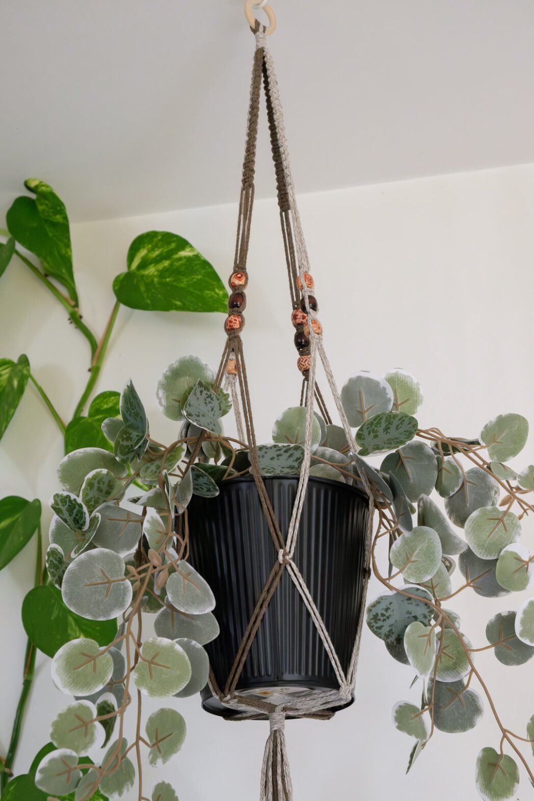 Suspension pour plantes en macramé, de couleur marron et beige