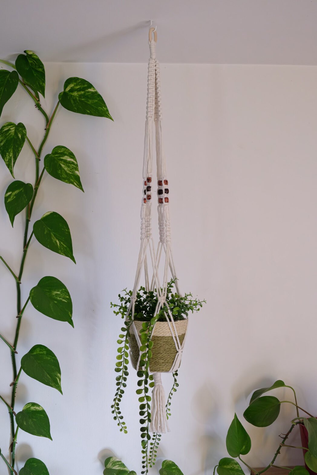 Suspension pour plantes en macramé, fil gros diamètre de couleur blanche